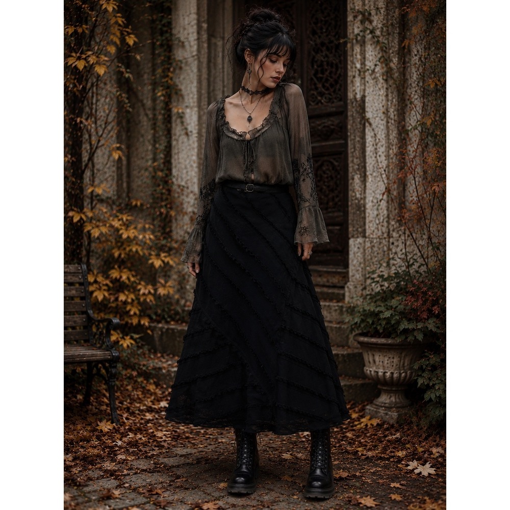 Insight Black Linen Cotton Frayed Fringe Maxi Skirt Gothic Whimsigoth Size 10